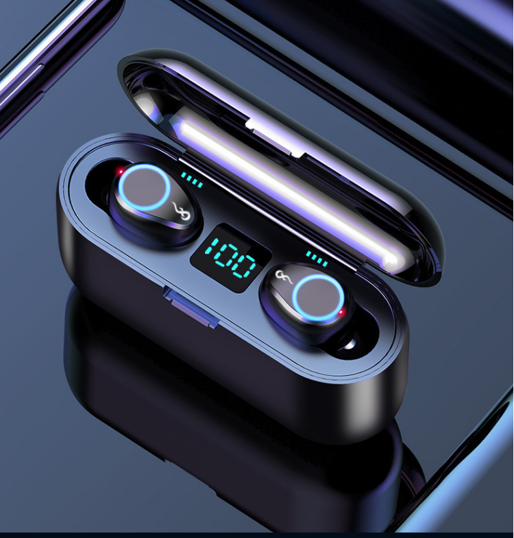 Mini Stereo TWS Earbuds Headset with PowerBank LED Digital Battery DISPLAY and Stand F9 (BlaCk)